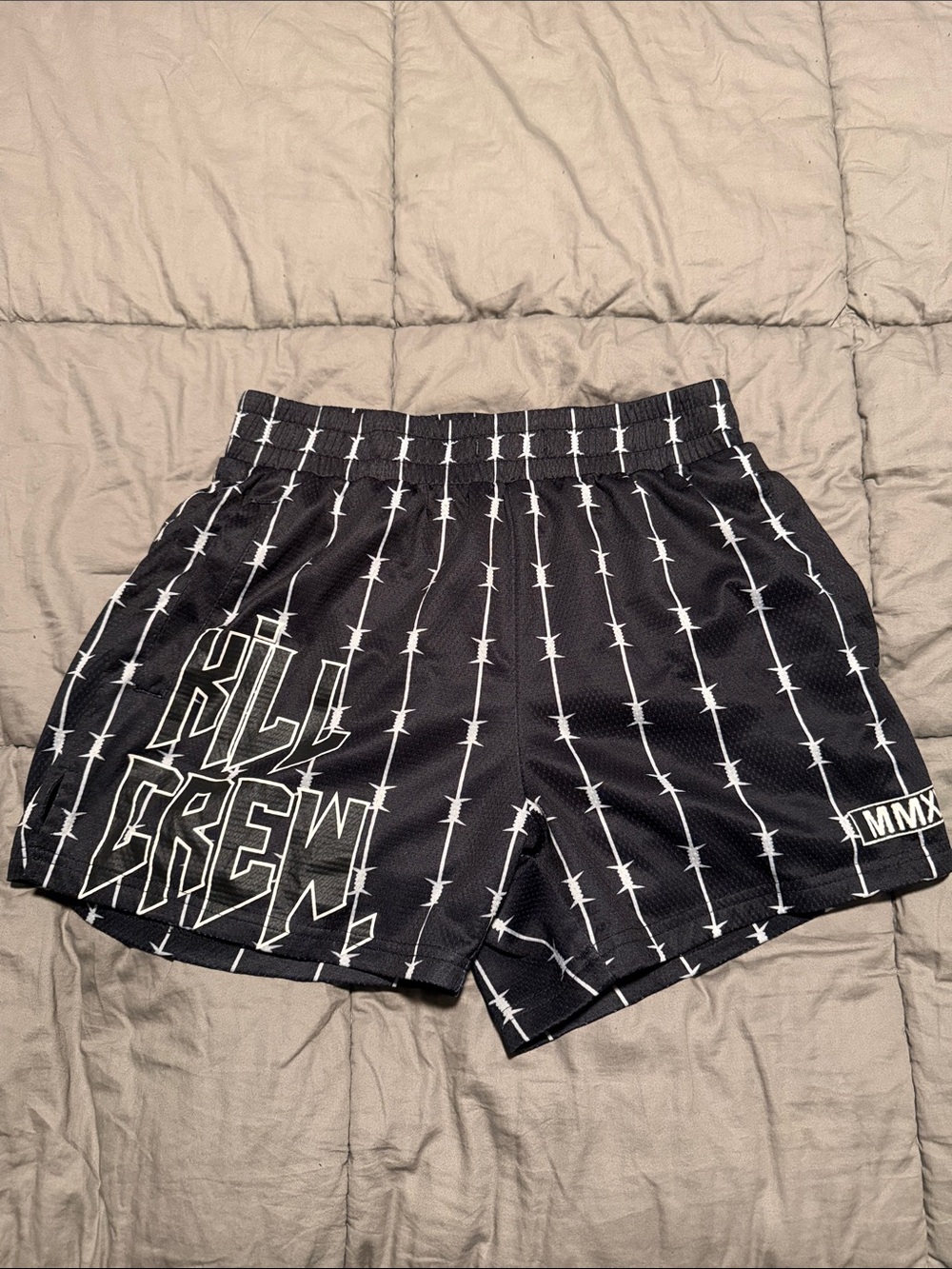 Kill Crew Black Athletic Shorts with White Barbed-Wire Graphic